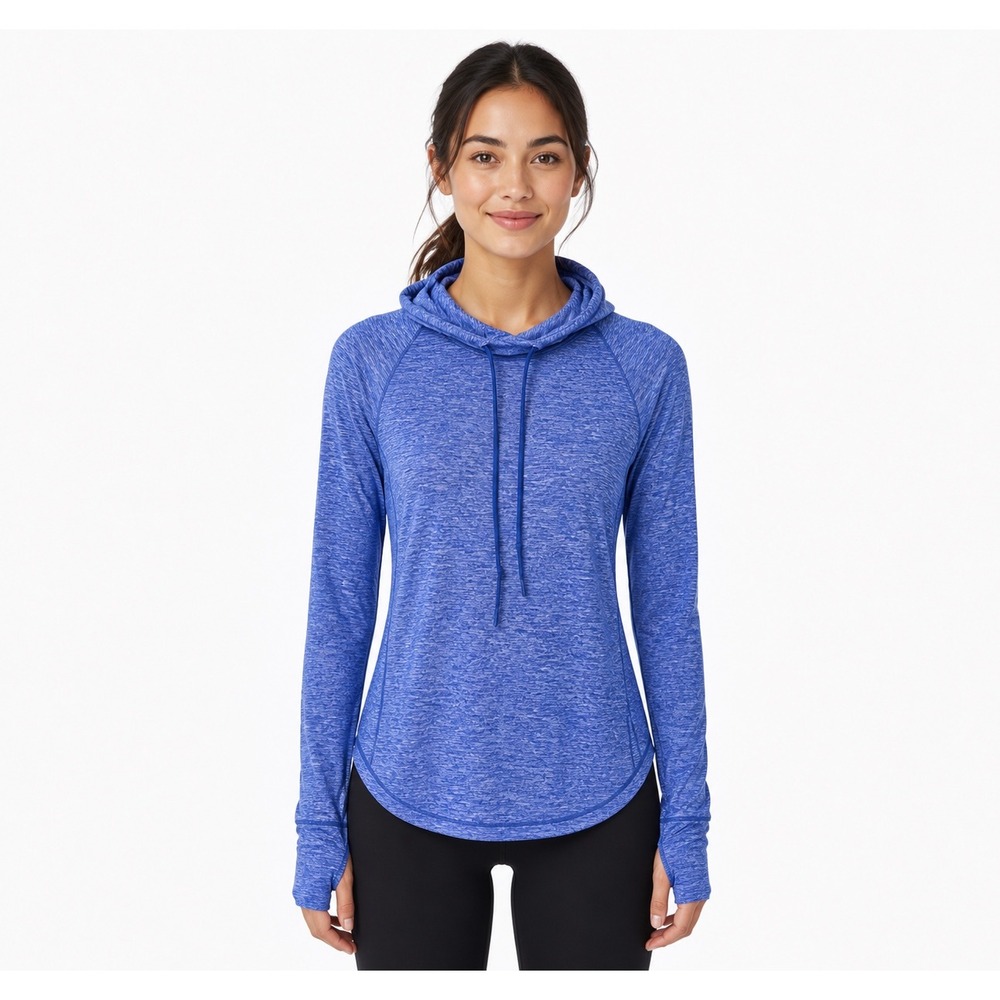 Athleta Womens XS Blue Space Dye Cowl‎ Neck Hoodie Thumbhole Pullover Top